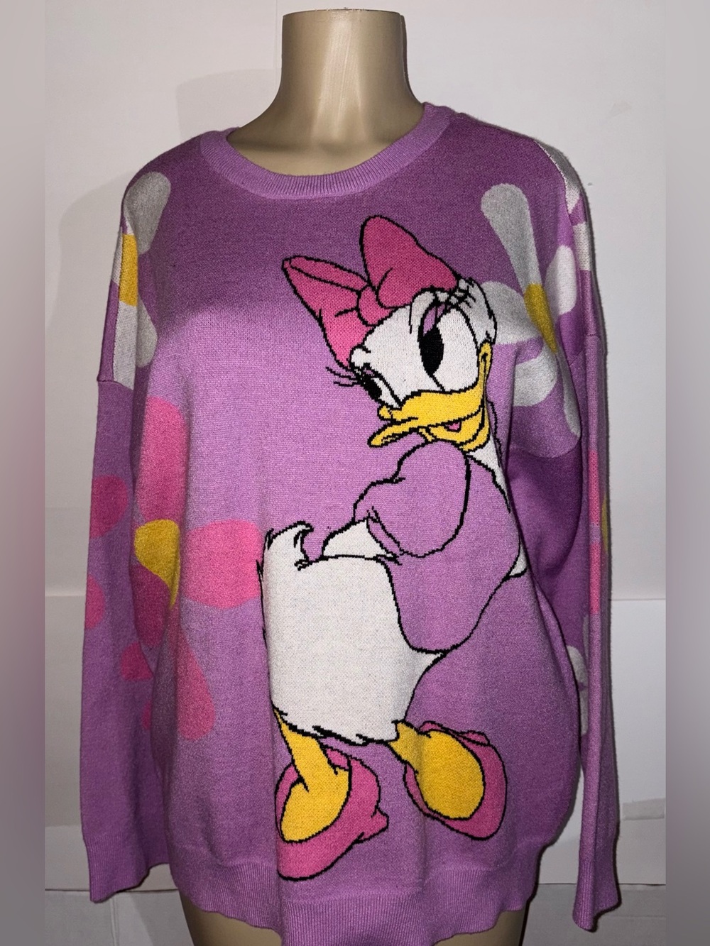Disney Daisy Duck Pastel Lavender Flower Oversized Knit Pullover Sweater XL